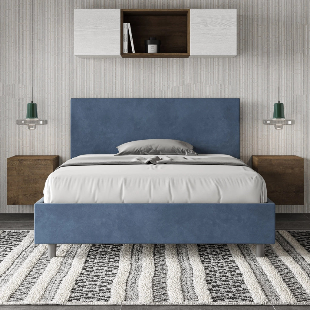 BS COM Letto una piazza e mezza con rete imbottito 130x200 microfibra blu