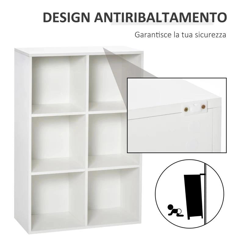 MOBILE LIBRERIA MODERNO A 6 CUBI IN LEGNO, 65.5X30X97.5 CM, BIANCO