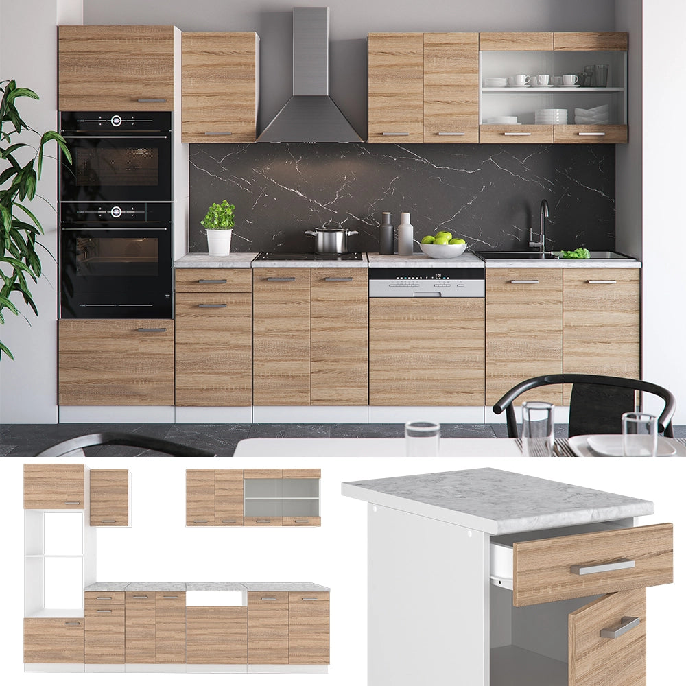 Vicco Cucina componibile Sonoma/Bianco 300 cm con armadio alto, PL Antracite