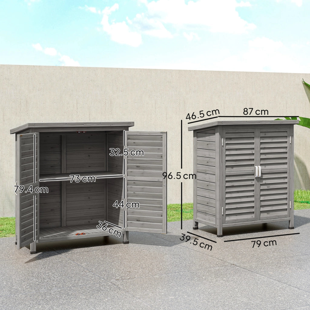 Armadio da Giardino in Legno di Abete con Porte a Persiana e 2 Ripiani, 87x46.5x96.5cm, Grigio