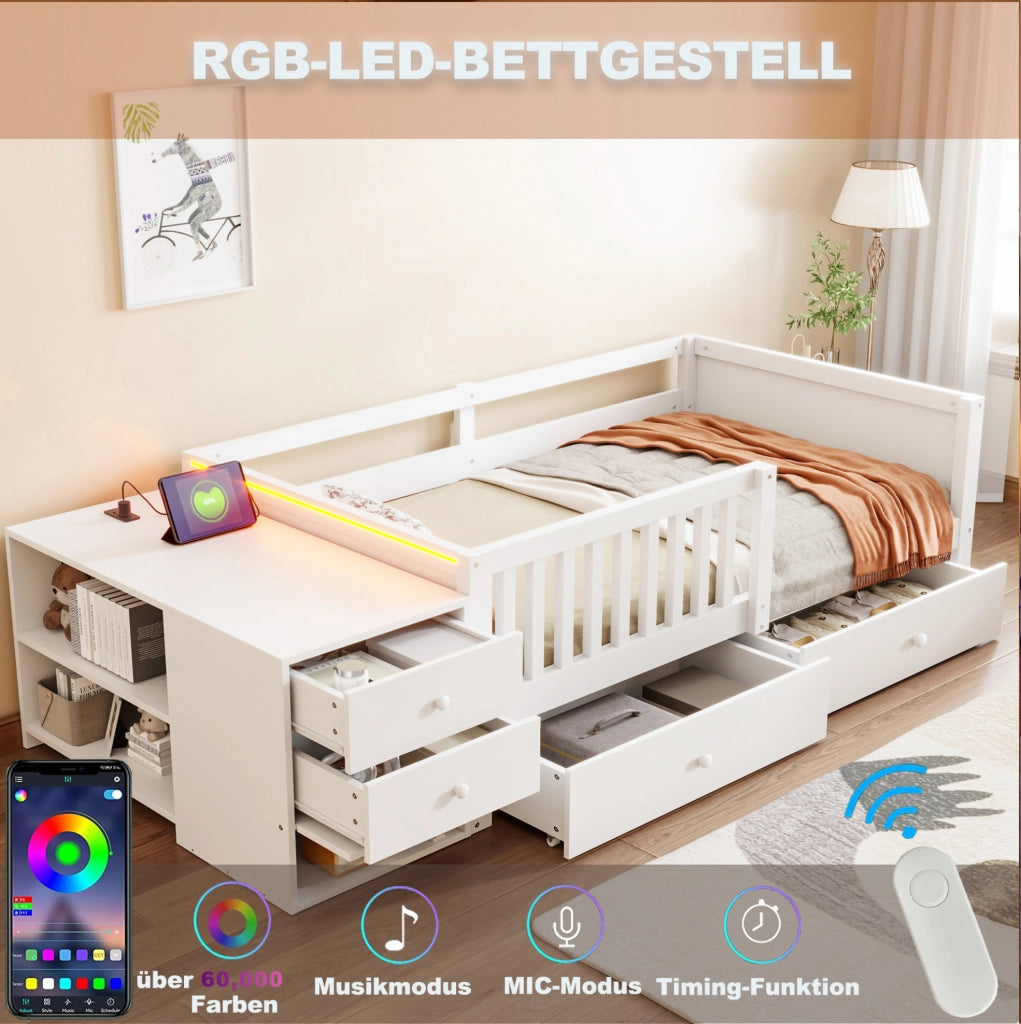Letto a soppalco 90x200 cm con contenitore separato; LED; presa e 2 cassetti; Bianco