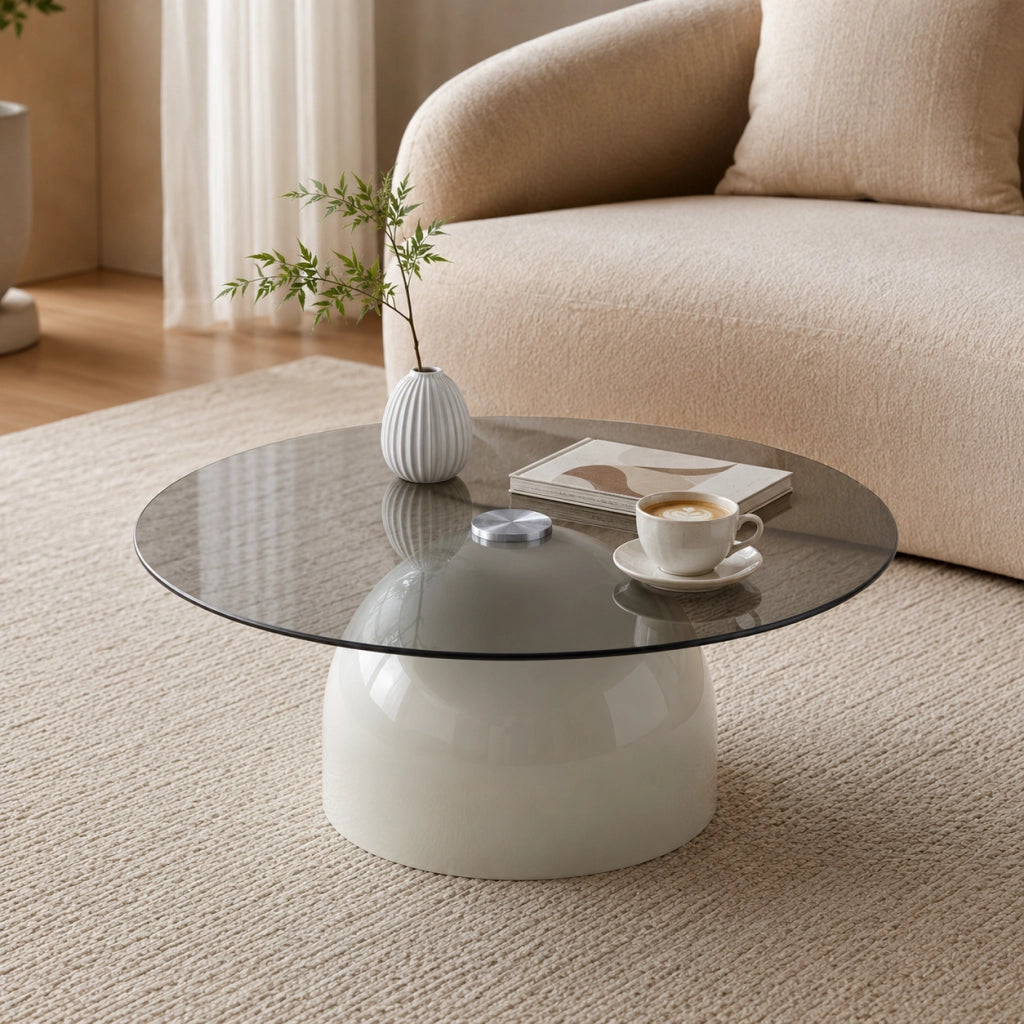 Tavolino da caffè rotondo con piano in vetro e base in acciaio al carbonio per soggiorno Ø 70 × 30 cm grigio