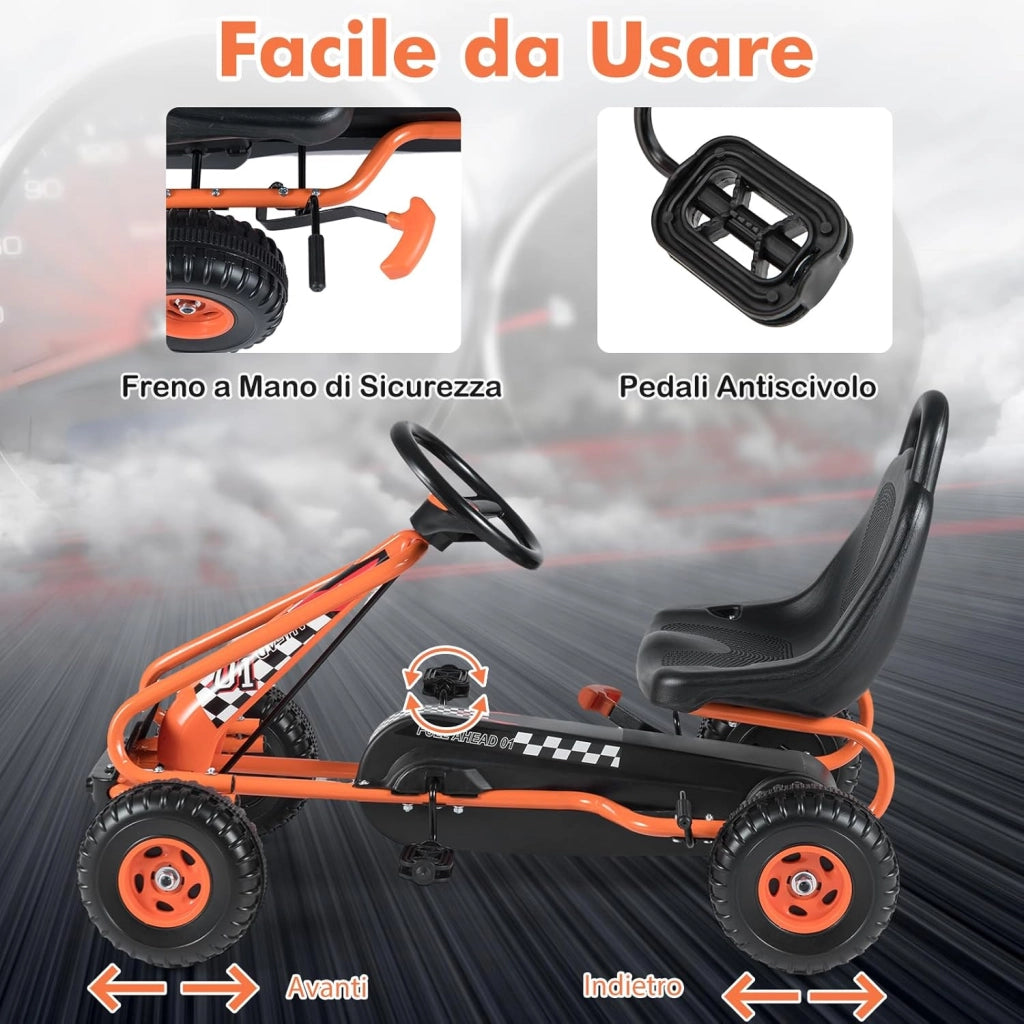 Go Kart a Pedali per Bambini, Go Kart Veicolo con Sedile Regolabile e Freno a Mano, per Bambini 3-6 Anni, Portata Massima 30 kg (Arancia)