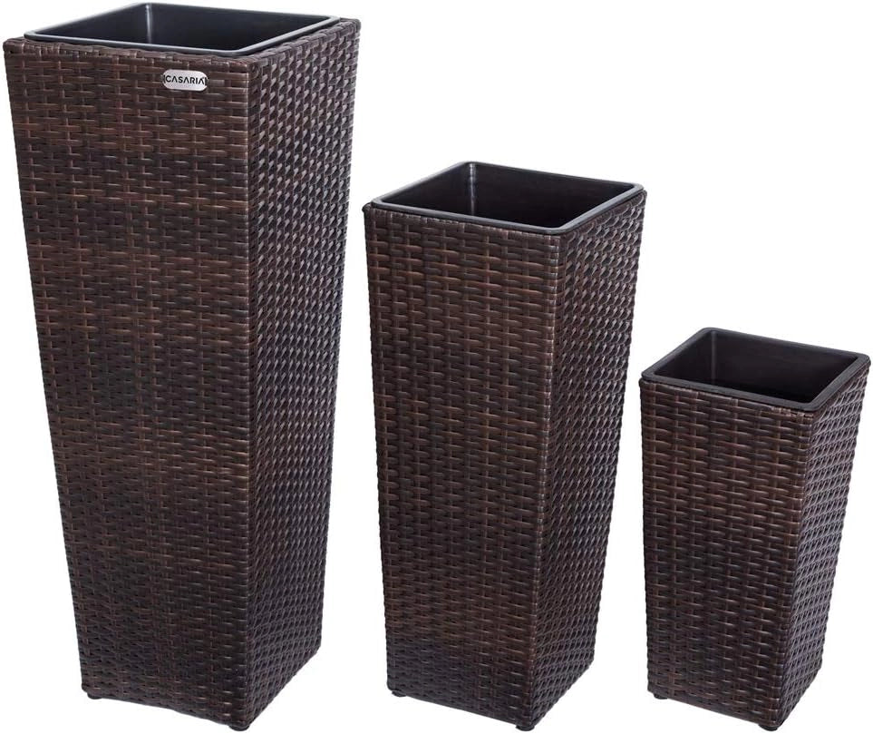 Deuba CASARIA® Set di 3 Vasi da Fiori in Polyrattan Intrecciato con Sottovaso e Foro Deflusso Acqua Richiudibile Vaso per Piante Effetto Rattan da Esterno Giardino Fioriere Fioriera