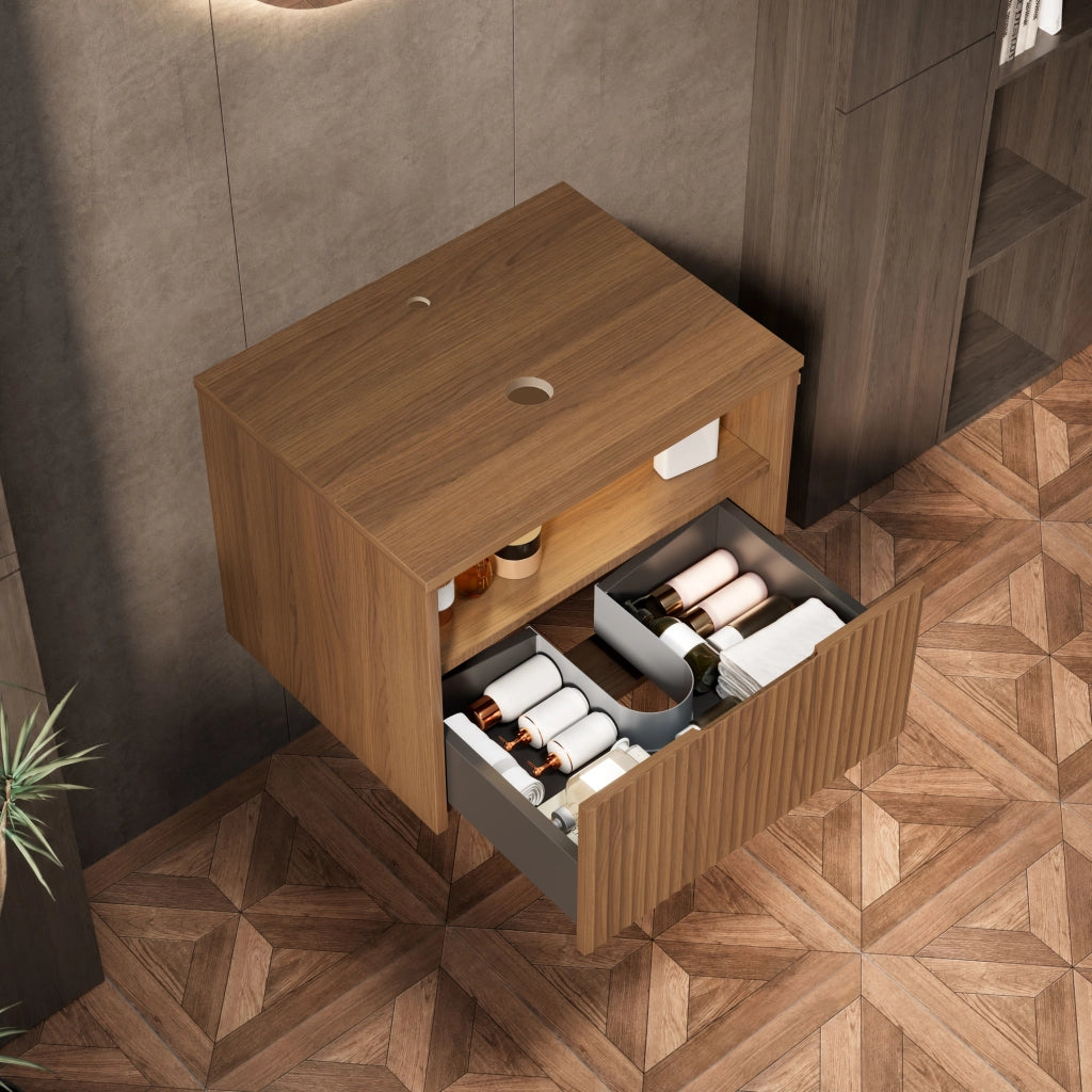 Mobile bagno sospeso con cassetto frontale con venatura 3D per bagno in compensato; rovere marrone; 69×55×54 cm