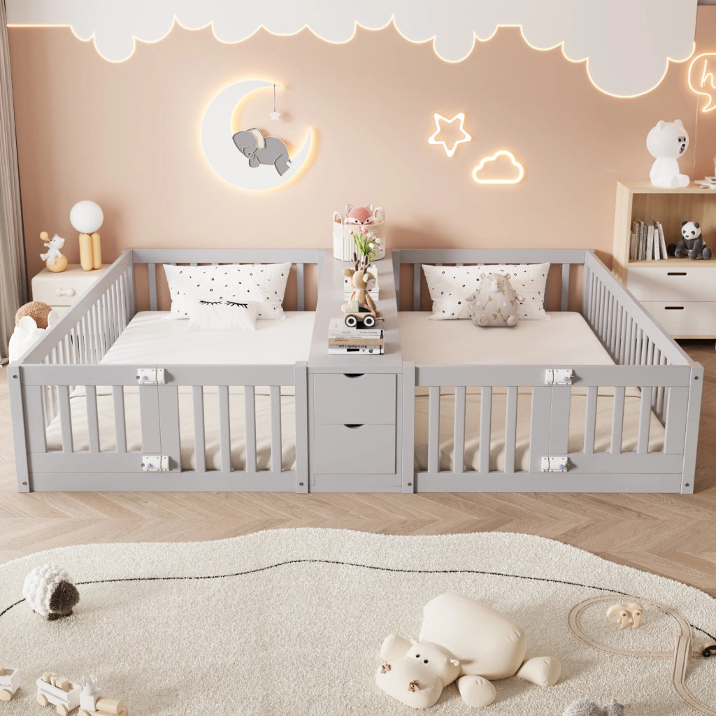 Letto doppio per bambini 90x200 cm con scaffale e 2 cassetti; in legno grigio