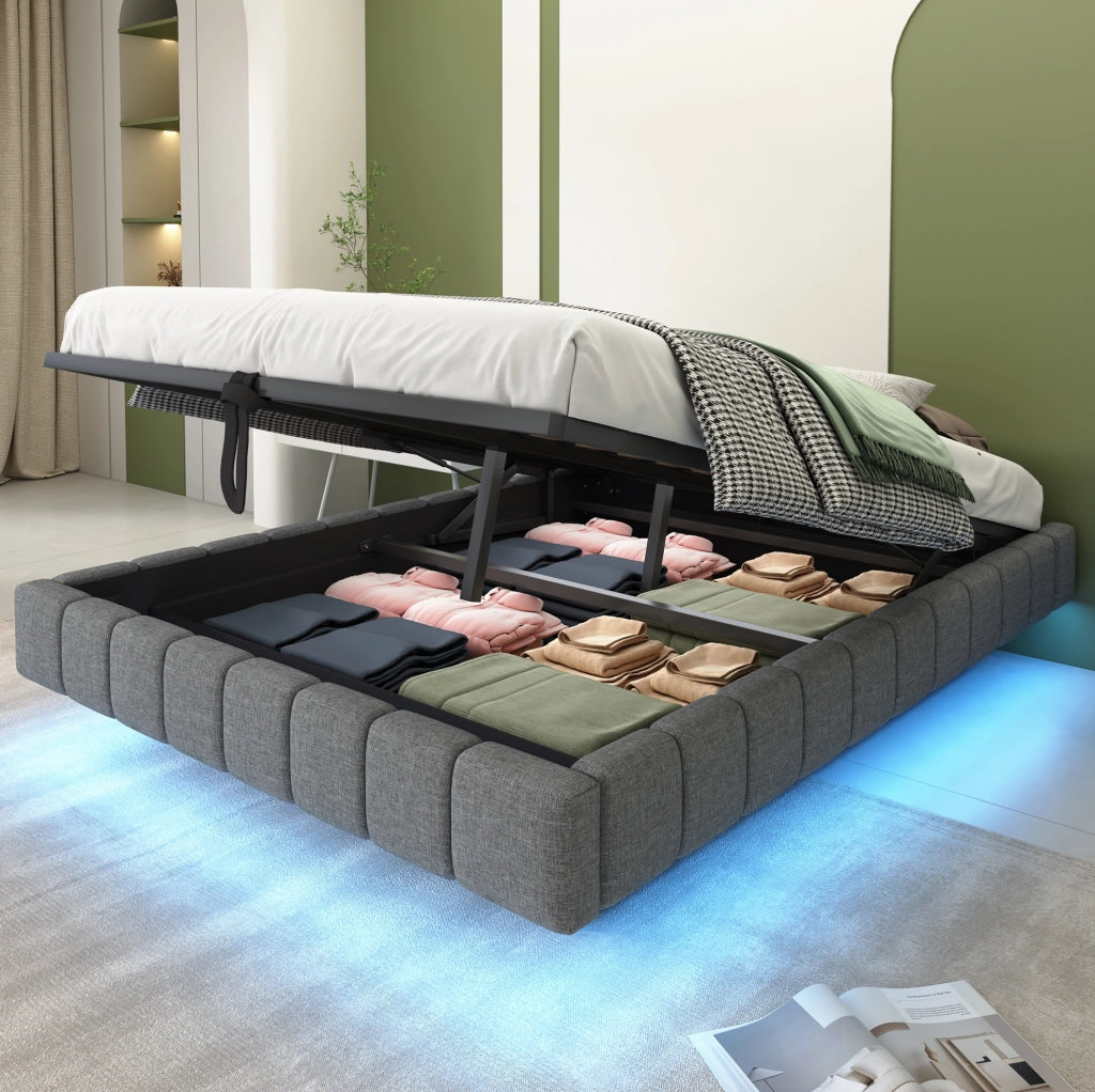 Letto imbottito 140x200 cm grigio in tessuto con LED e vano contenitore