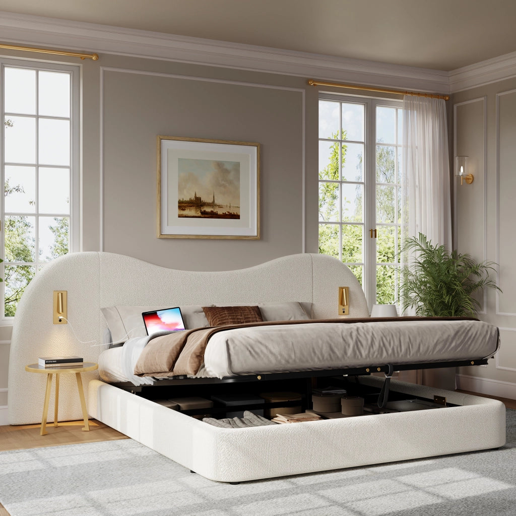 letto imbottito bouclé bianco 180 x 200 cm