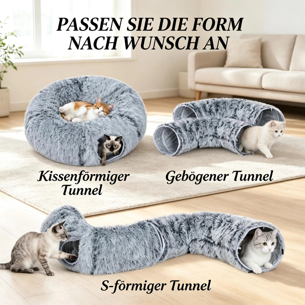 Tunnel per gatti da interno combinato con cuccia a forma di ciambella e cuscino rotondo rimovibile e lavabile.