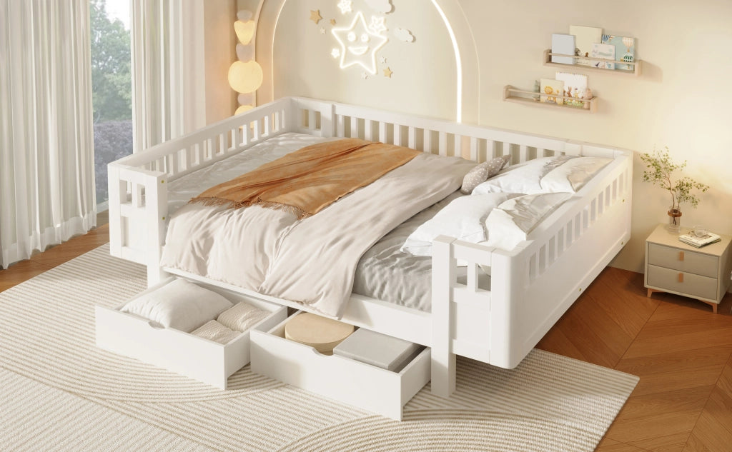Letto a piattaforma per cameretta con spondine alte e due cassetti, in legno massiccio e MDF bianco 140 × 200 cm