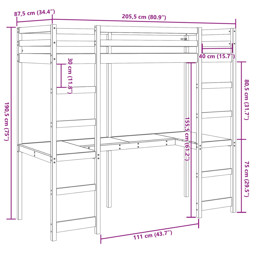 Letto singolo | Letto per adulti | Giroletto Soppalco senza Materasso Marrone Cera 80x200cm Pino