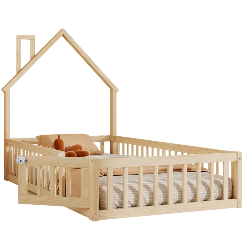 Letto a casetta per bambini 90x200 cm con camino, naturale