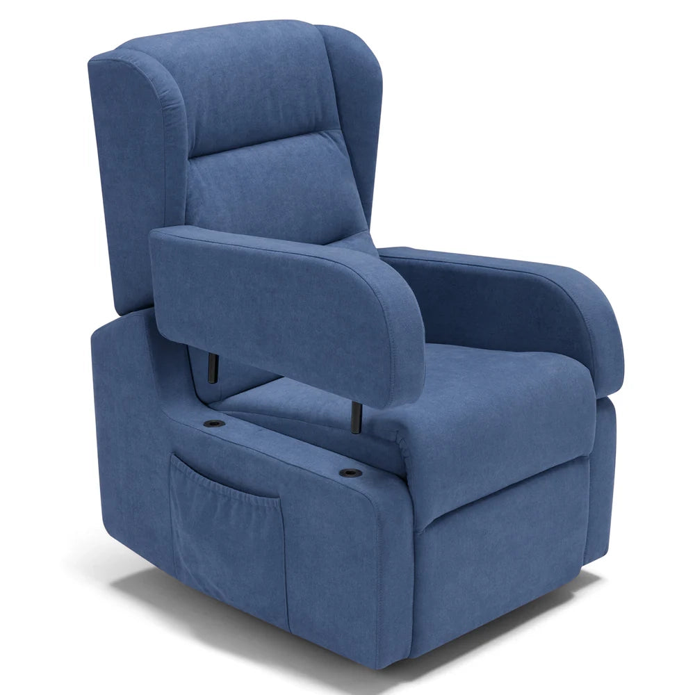 Poltrona relax elettrica Bilbao per anziani, 2 motori, 2 ruote, reclinazione e alzapersona, Tavolino di Servizio, braccioli estrabili, doppia pediera, colore Blu