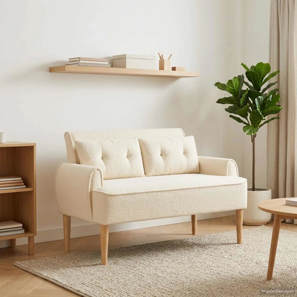 Loveseat con bottoni imbottiti Crema 117 x 67 x 77 cm Bouclé 42041823