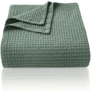 Deken in cotone 100% 220 x 240 cm, morbido e respirante coperta da letto, tessuto a waffle leggero come coperta per divano, coperta morbida e accogliente per salotto, divano, verde