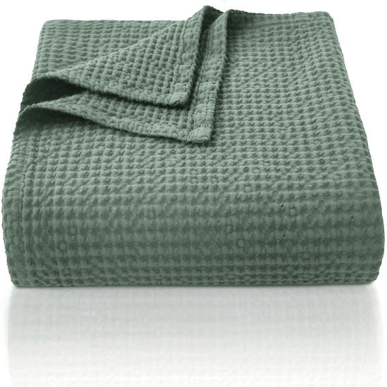 Deken in cotone 100% 220 x 240 cm, morbido e respirante coperta da letto, tessuto a waffle leggero come coperta per divano, coperta morbida e accogliente per salotto, divano, verde