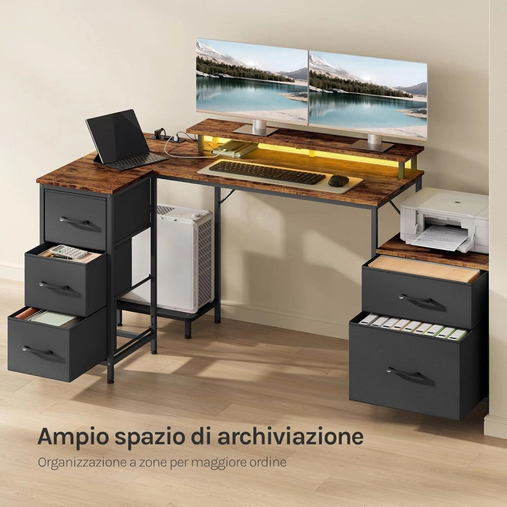 Scrivania Angolare 180x80x84 cm con 5 Cassetti e 2 Ripiani, Scrivania per Computer a L con LED, 2 Prese, 1 Porta USB e 1 Porta Type-C, per Ufficio, Gioco, Studio, Marrone Rustico
