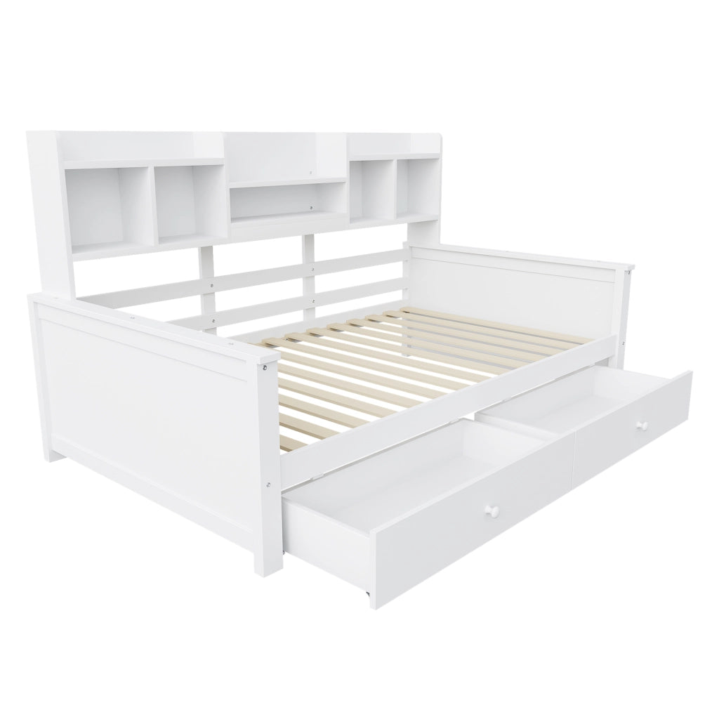 Divano letto singolo 90x200 cm con cassetti e ripiani; struttura in legno bianco