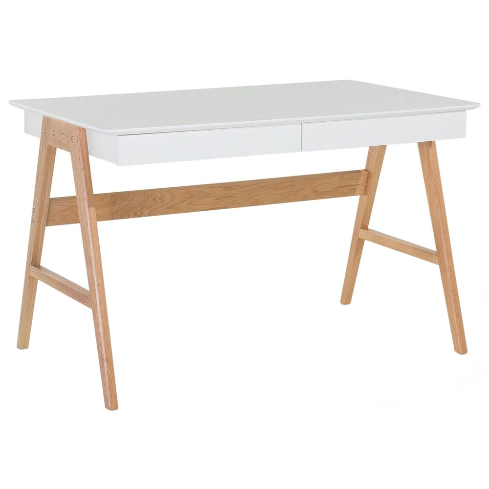 Set di mobili per ufficio, legno chiaro, MDF bianco, vetro, una scrivania, una libreria, un home office minimalista