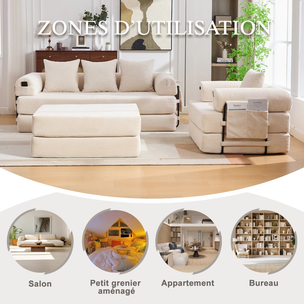 Divano modulare con pouf, tasca laterale e cuscini, struttura in metallo e tessuto a coste beige per soggiorno