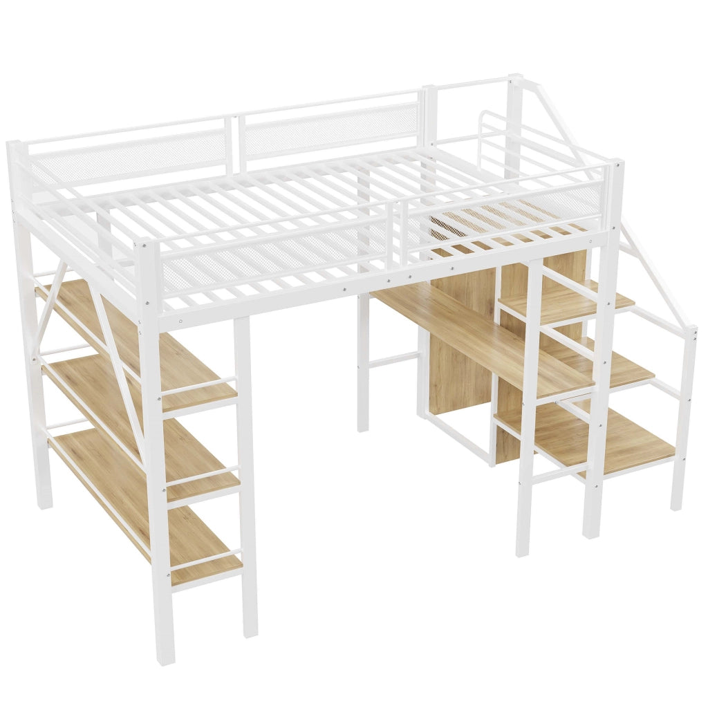 Letto a soppalco 140x200 cm con scrivania, libreria a tre livelli e armadio integrato, struttura in metallo, bianco