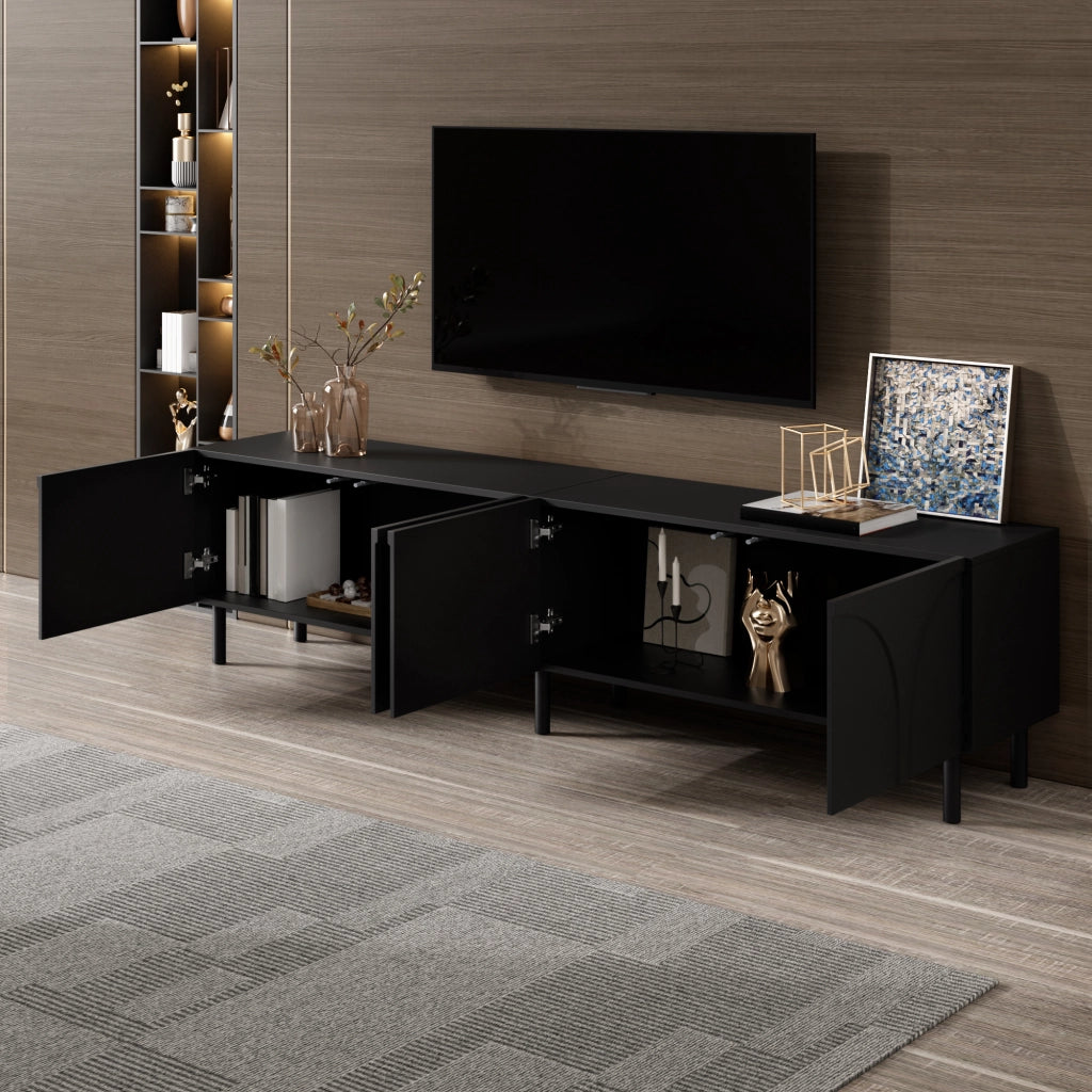 Mobile porta TV con 4 ante e 2 vani separati, piedi in metallo, per soggiorno, in MDF e PB, nero, 180 × 35 × 49 cm