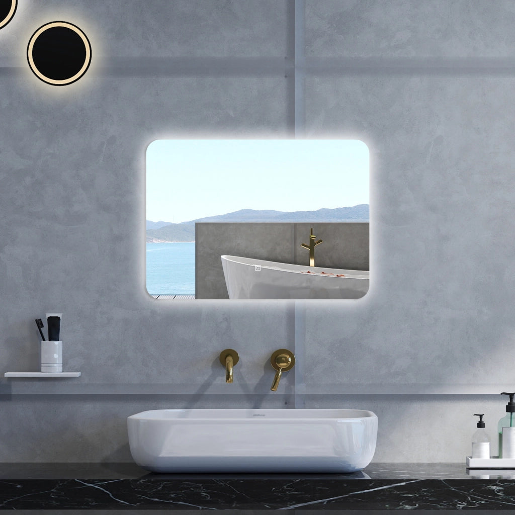 Specchio da bagno Rettangolare con 90x60cm,Memoria,Regorabile,Retroilluminato,doppio interruttore,HD temperato