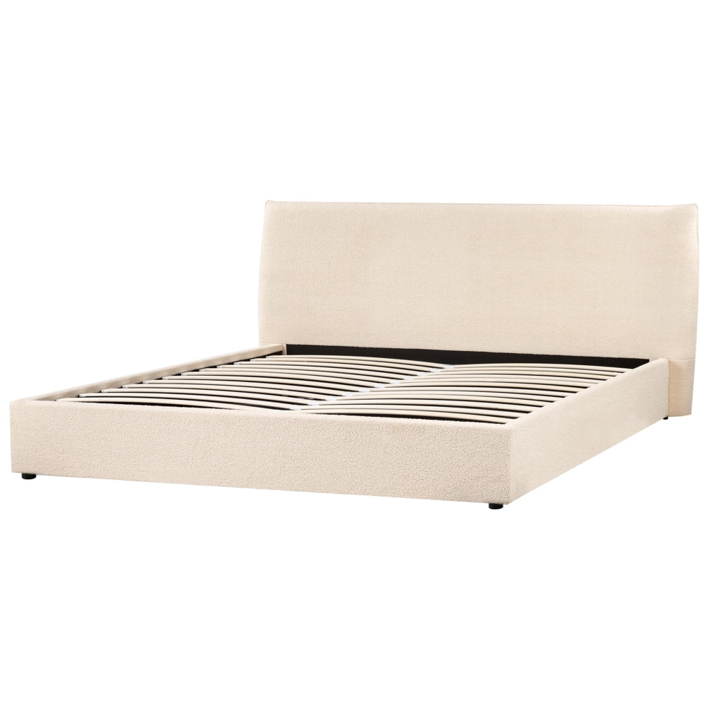 Letto matrimoniale in tessuto bouclé beige testata classica contenitore 180 x 200 cm Doghe in legno