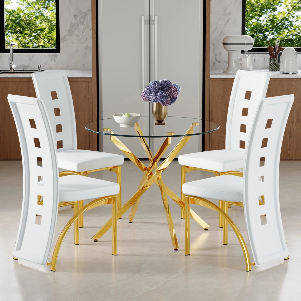 Set tavolo da pranzo e sedie con 1 tavolo rotondo e 4 sedie; vetro temperato; metallo e similpelle bianco e oro