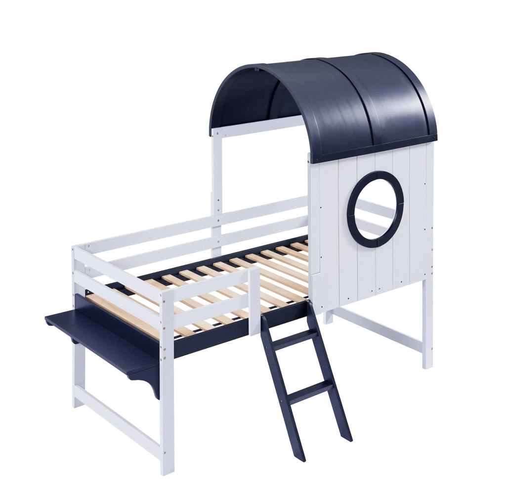 Letto a soppalco 90x200 cm con tetto; finestra; cassetto e scala in legno e MDF bianco e blu