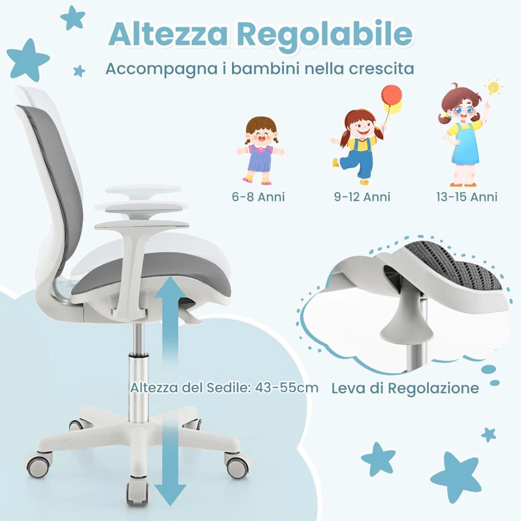 Sedia Scrivania per Bambini con Altezza Regolabile 80-92 cm, Sedia da Uffcio Piccola con Ruote con Freno e Braccioli Morbidi, Mobile Ergonomica per Bambini 6-15 Anni (Grigio)