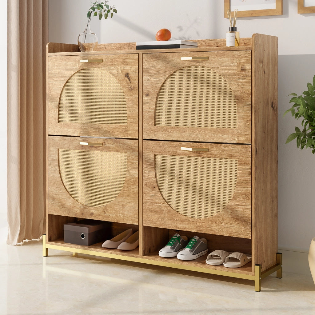 Mobile Scarpiera con 4 Ante e Ripiano Superiore; Salvaspazio; Stile Naturale; in MDF; 108;5×24×100 cm; Legno