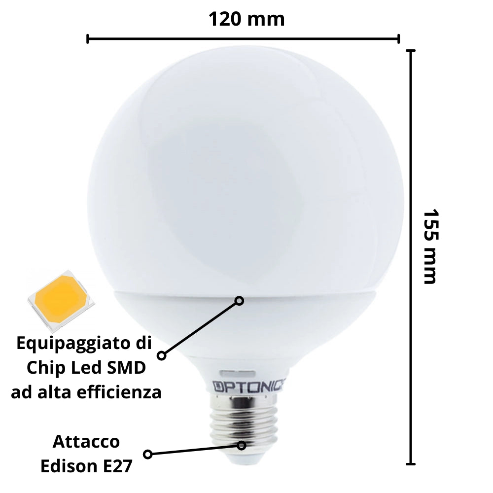 Lampadina led globo e27 15watt resa 88watt risparmio energetico 2700k pezzi 3