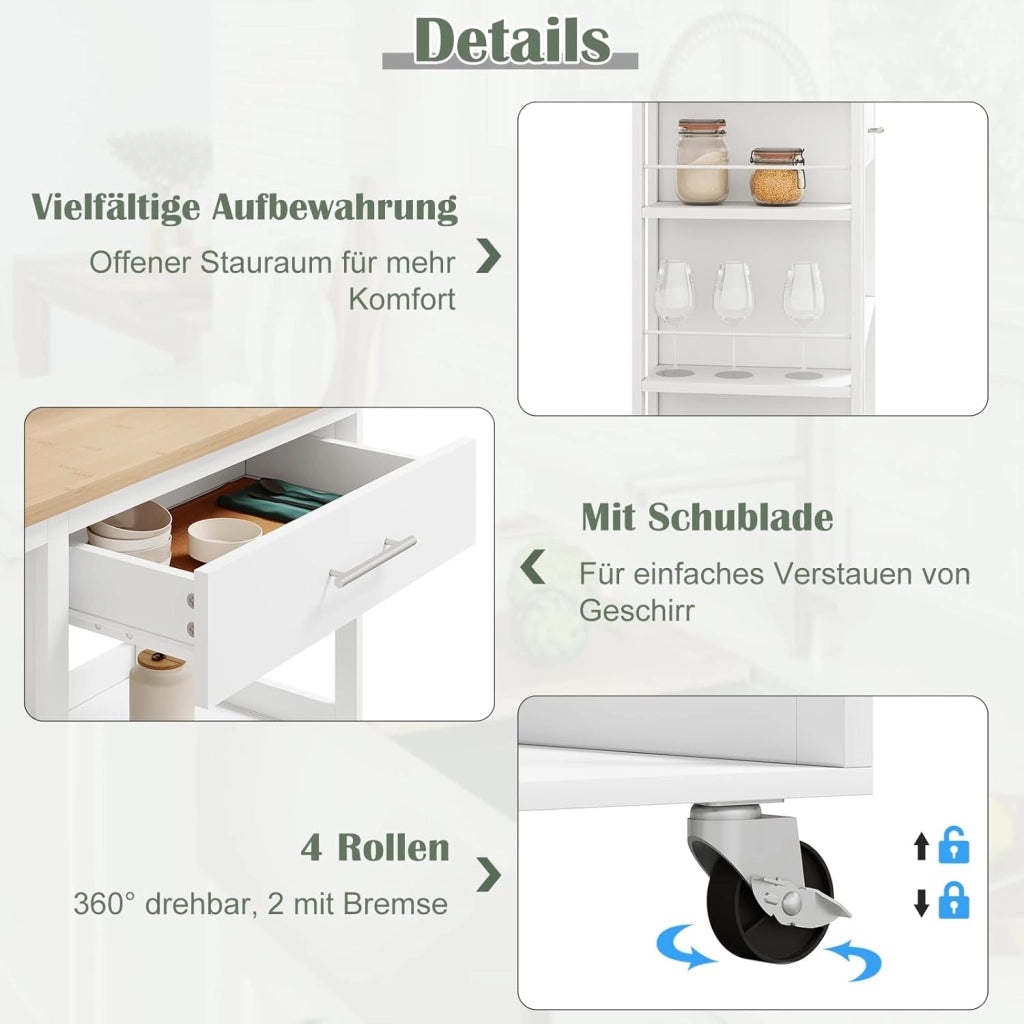 Carrello con Ruote, Isola da Cucina, Carrello Portaoggetti con Piano di Lavoro Cassetto Ripiani Aperti, Contenitore per Sala da Pranzo/Bagno/Cucina, 73x38x88 cm, Effetto Bambù + Bianco, RW051eiw