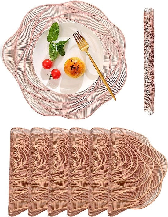 Set di 6 piatti per tavola, rosé oro, piatti per tavola rotondi con foro, lavabili, antiscivolo, vinile, PVC, resistente al calore, per tavolo da cucina (38 x 38 cm)