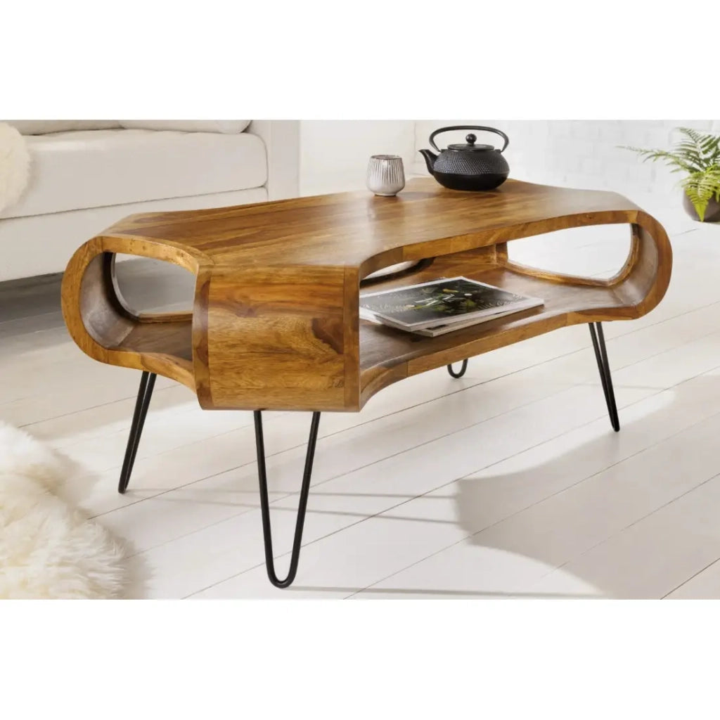 Tavolino basso NERA 100 cm in legno massello di Sheesham con nicchia – stile retrò industriale