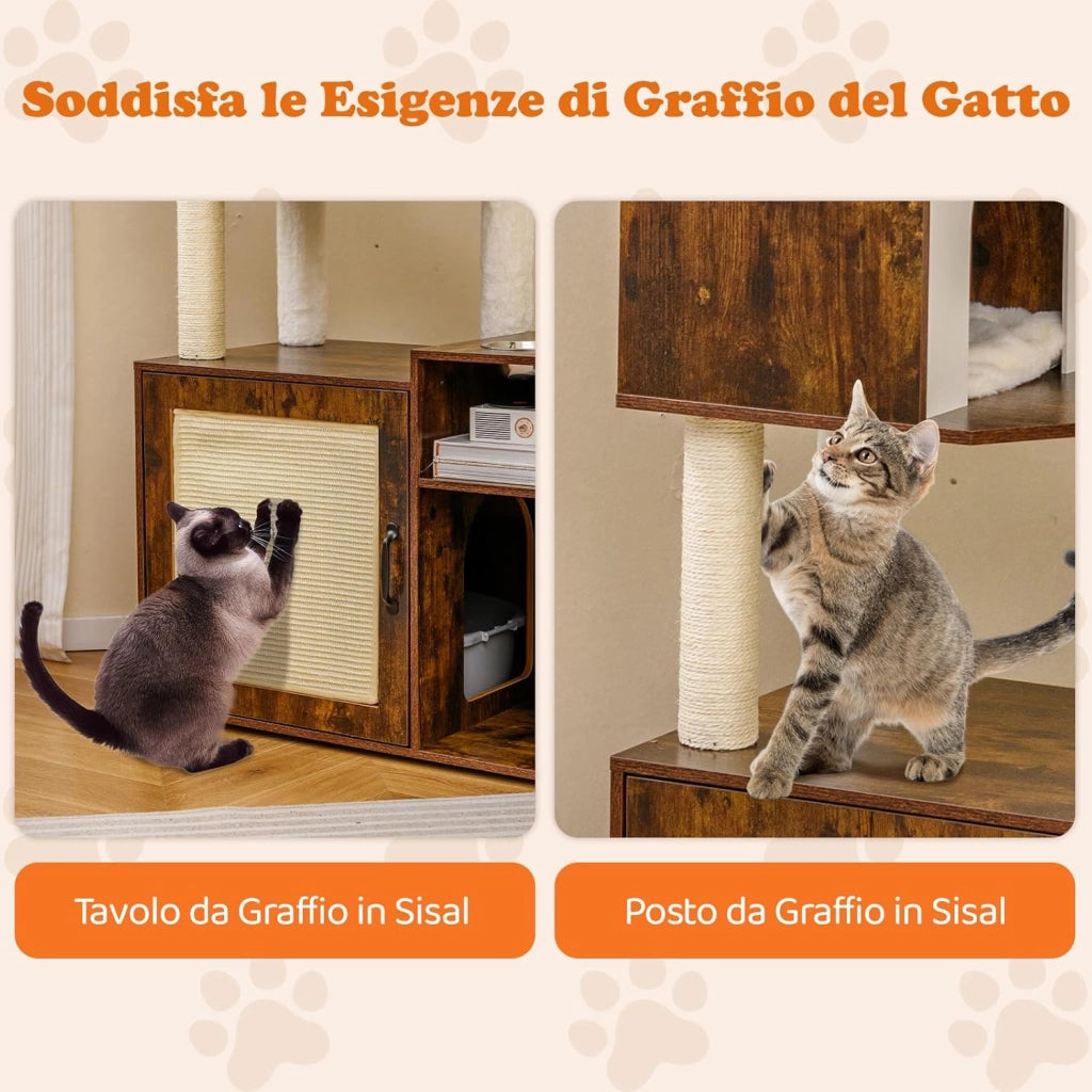Mobiletto per Lettiera per Gatti, Tiragraffi per Gatti con Posto Graffio in Sisal e Tappetino, Pallina Pendenti, Toilette Nascosta e 2 Ciotole per Cibo, Mobili Moderni per Gattini (Marrone)