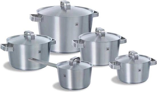 Set di pentole 5 in acciaio inossidabile per forno a induzione e griglia resistente all'acqua da lavastoviglie maniglie Stay-Cool senza PFAS n. articolo PFAS-vrij