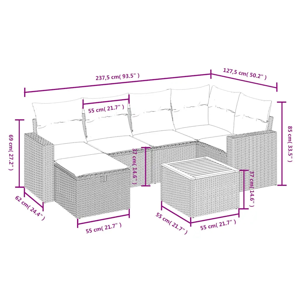 Set Divano da Giardino 7 pz con Cuscini Beige Misto Polyrattan