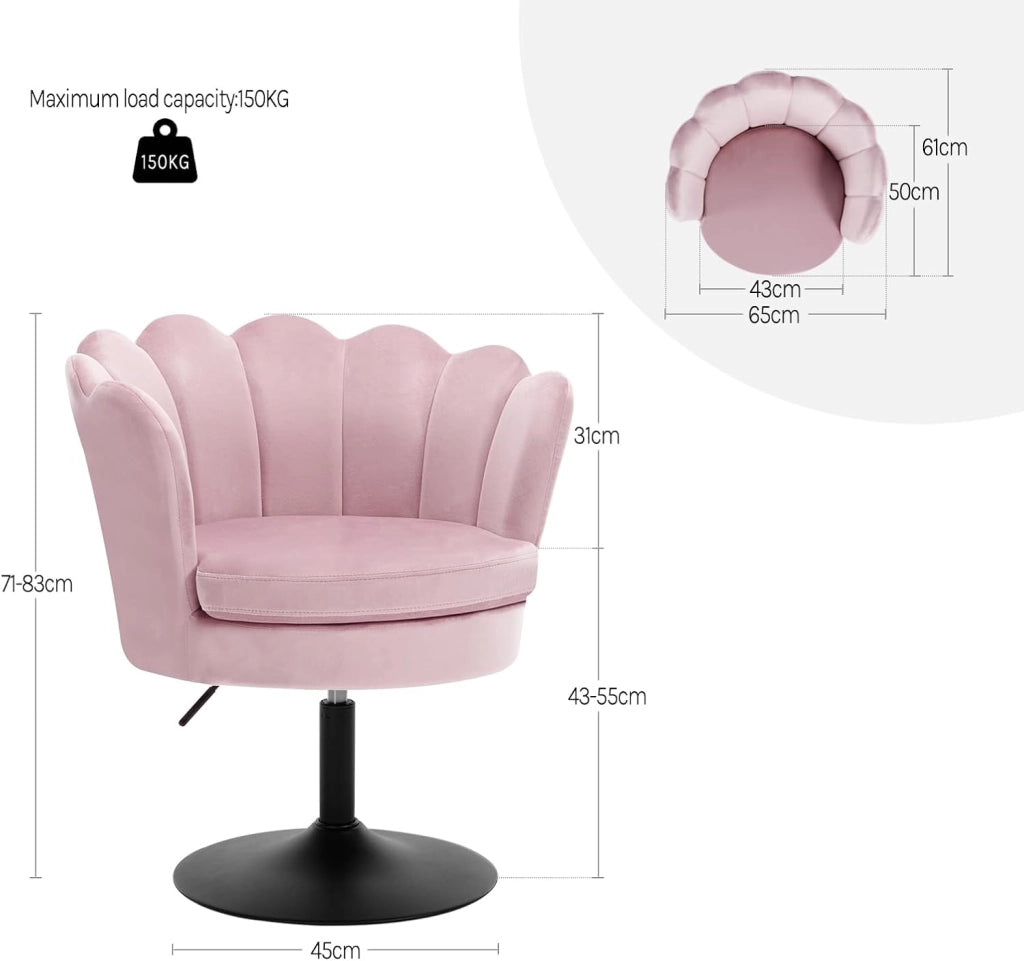 Sedia da Trucco, Sgabello Cucina, Poltrona con Seduta a Forma di Fiore, Girevole a 360°, Sedia in Velluto per Camera da Letto, Soggiorno, Altezza Regolabile 43-55 cm, Rosa