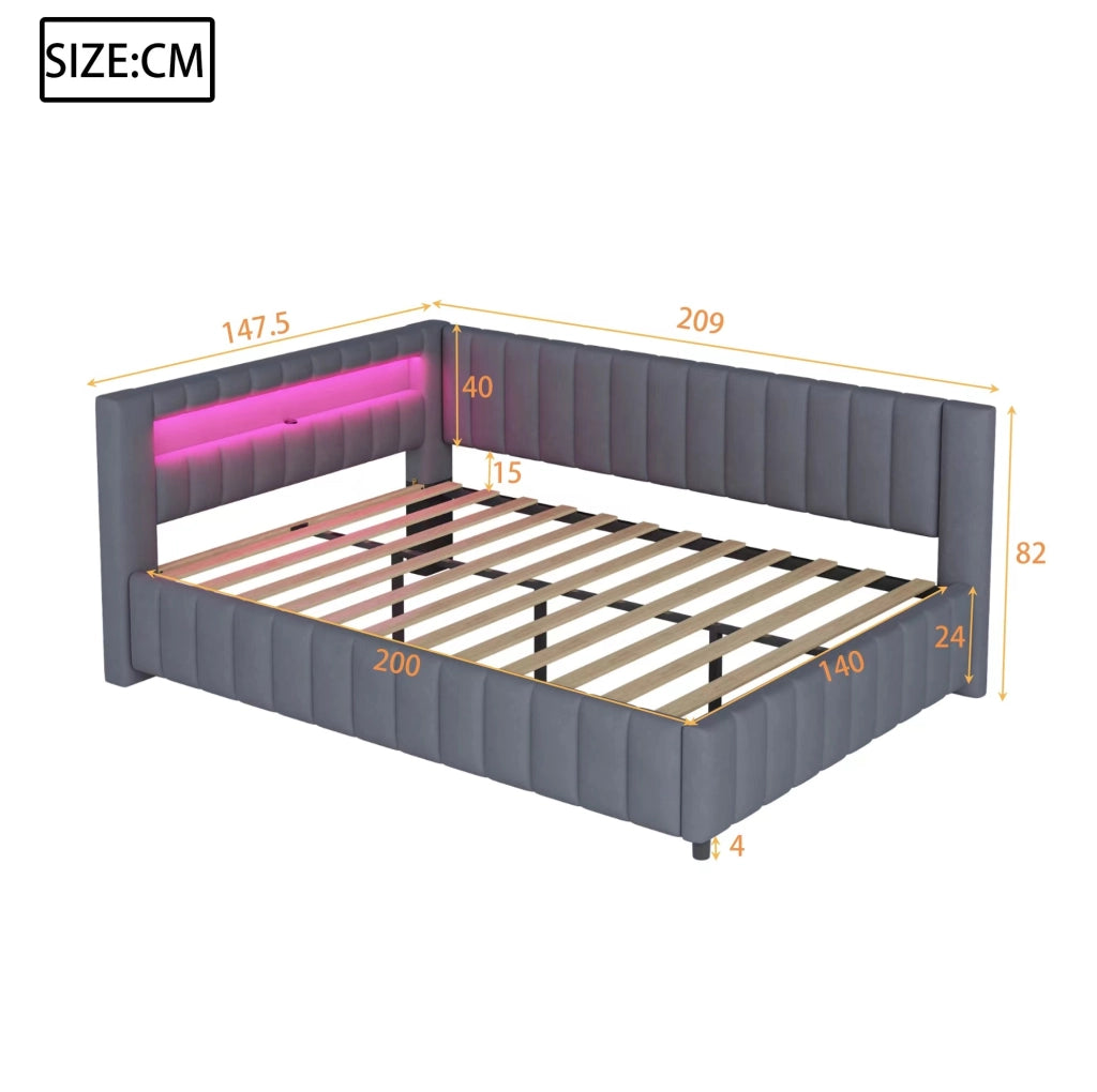 Divano letto imbottito a L 140 x 200 cm in velluto grigio con LED e USB