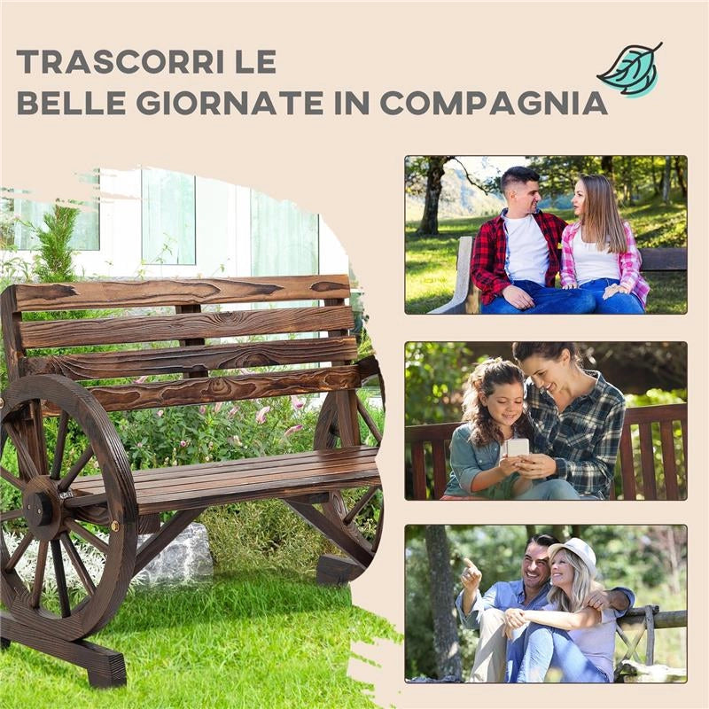 PANCHINA DA GIARDINO 2 POSTI A DOGHE CON BRACCIOLI A RUOTA DI CARRO, IN LEGNO, 105.5X56X79 CM, MARRONE BRUCIATO