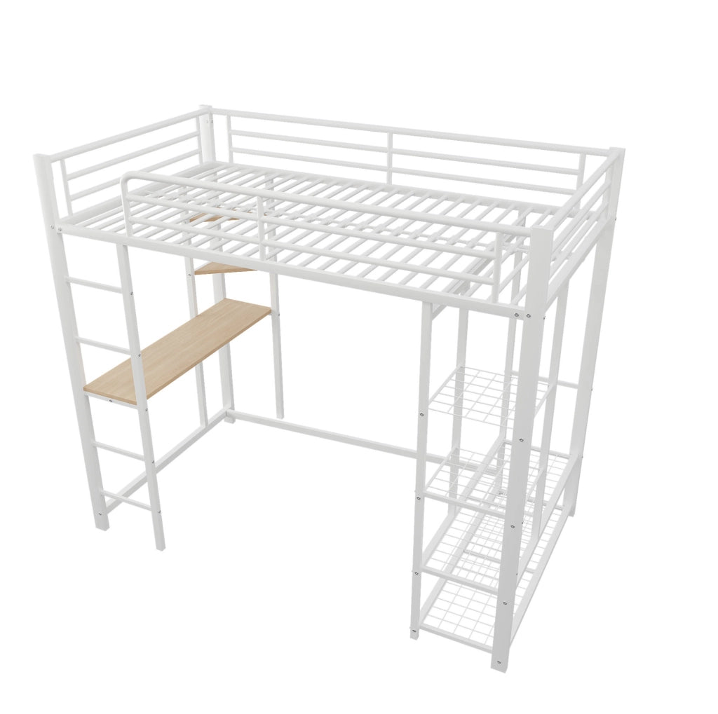 Letto a soppalco singolo 90x200 cm in metallo e MDF con scrivania; ripiani e guardaroba; bianco