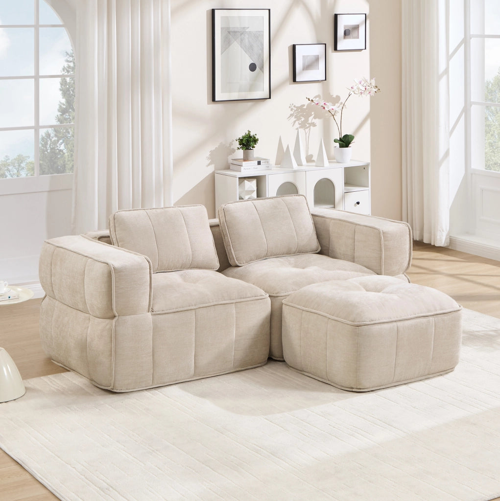 Divano modulare 2 posti 198x162 cm beige in poliestere; con pouf