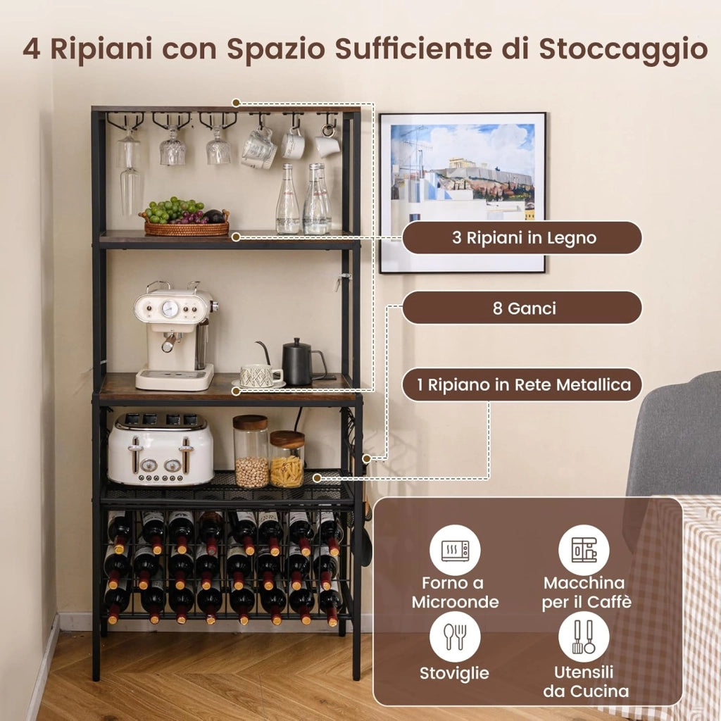 Portabottiglie da Terra per 24 Bottiglie, Cantinetta Portabottiglie Vino con Presa di Corrente, Supporto per Bicchieri, Ganci e 3 Ripiani, per Cucina, Soggiorno e Bar