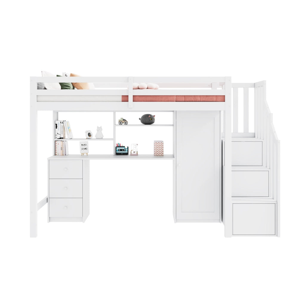 Letto a castello multifunzionale con scrivania e armadio 90x200 cm; bianco; in legno massello e MDF