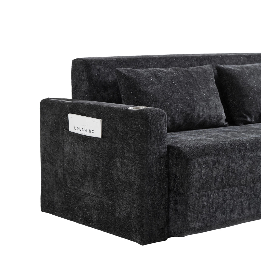 Divano letto 2 in 1 pieghevole con USB; porta bicchieri e tasche laterali; nero e grigio
