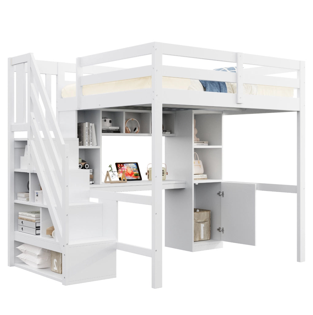 Letto a soppalco 140x200 cm con scrivania; scala contenitore; scaffali; LED e prese EU; bianco