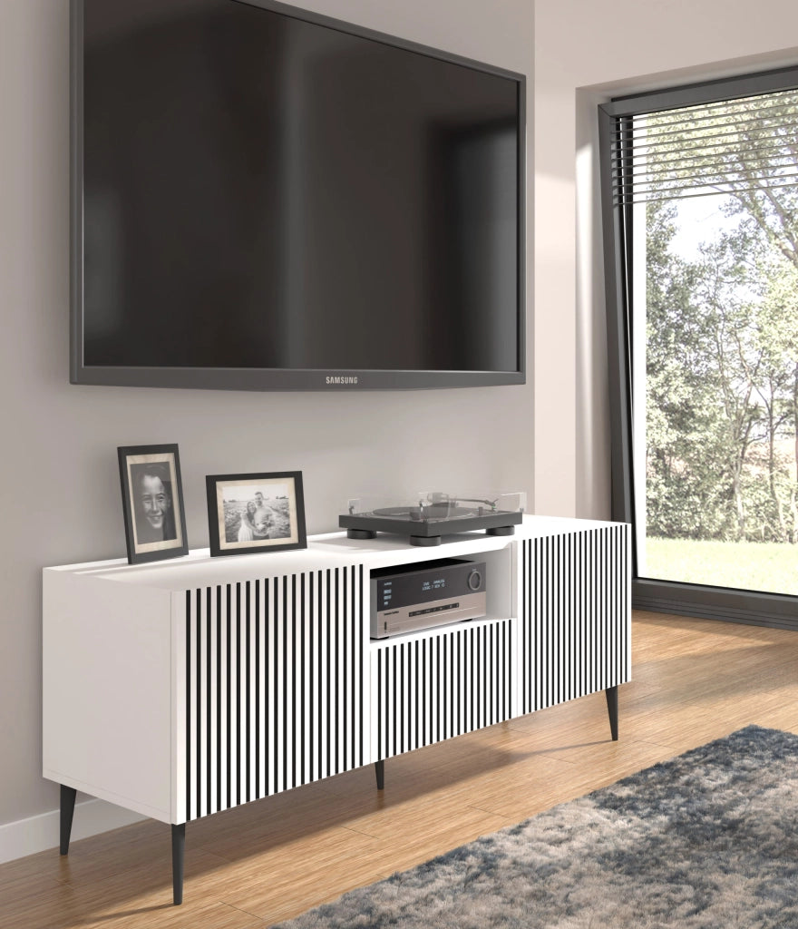 MOBILE RAVENNA FP PORTA TV IN MDF VERNICIATO 150 2D1S BIANCO NERO GAMBE IN METALLO NERO