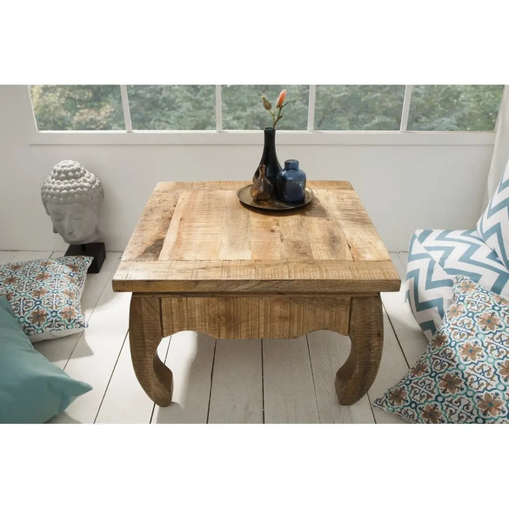 Tavolino basso LUNARA in legno massello di mango con piedi arcuati - tavolo quadrato design classico naturale